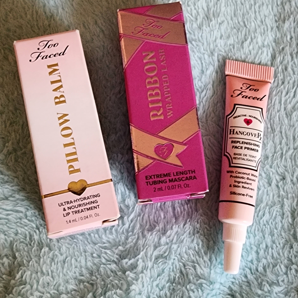 Too Faced Pillow Balm and Ribbon Lash Mascara & Primer 3 Pcs Set Mini New
